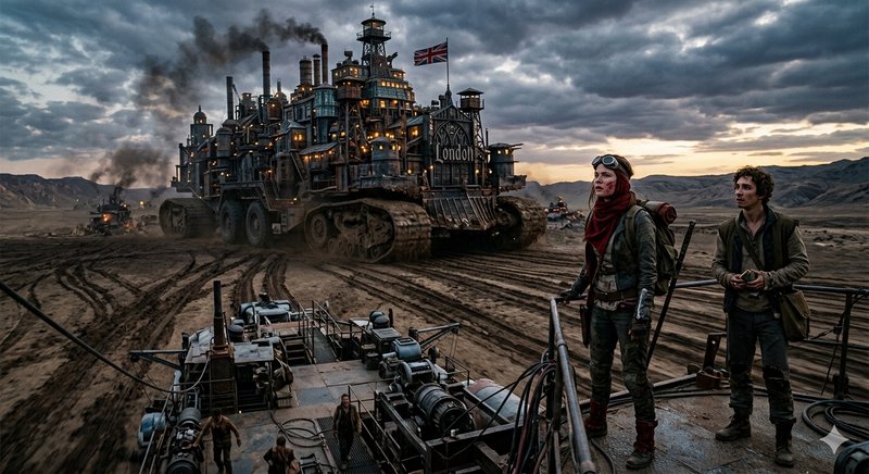 Post-apocalyptic, steam-powered convoy in a desert with a colossal machine labeled "London" and t...