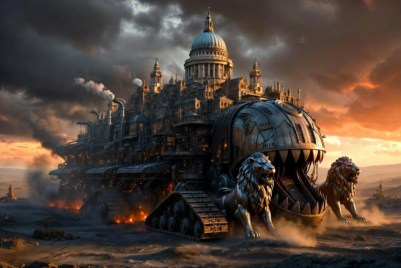 Epic steampunk fortress on wheels with lion-headed front, domed tower, and fiery desert backdrop.