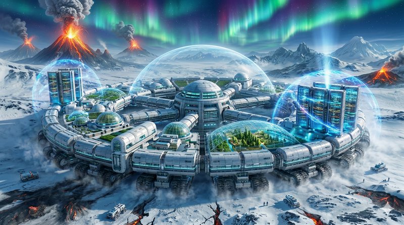 Futuristic circular Arctic research facility with glass domes on an icy landscape under the auror...