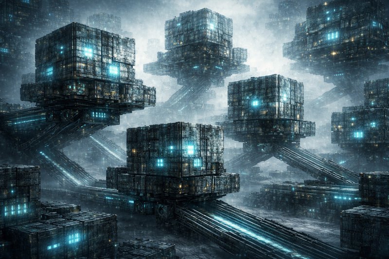 Futuristic sci-fi cityscape with glowing blue-lit stacked cube blocks and energy rails.