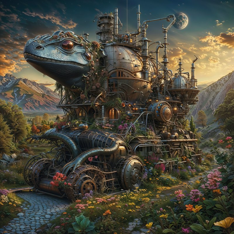 Large steampunk turtle machine sculpture with gears and tubes in a colorful valley at sunset.