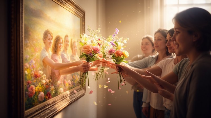 Group of women in a gallery presenting bouquets toward a framed floral painting.