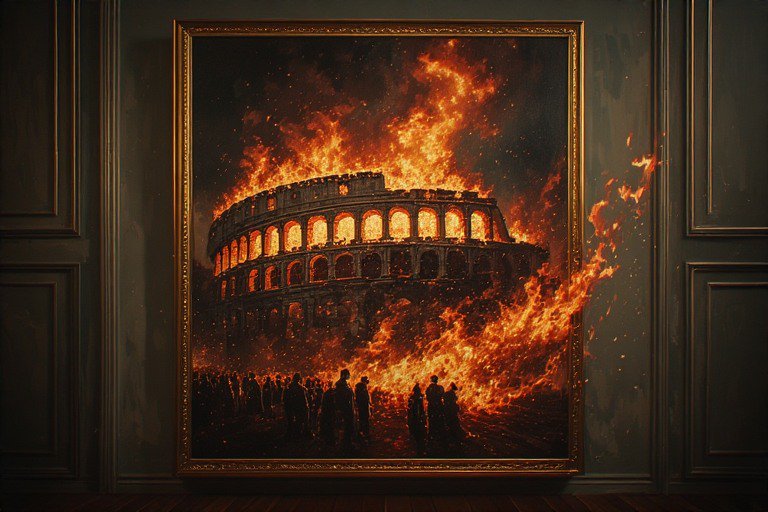 Framed painting of the Colosseum engulfed in flames with dark silhouettes of people watching.