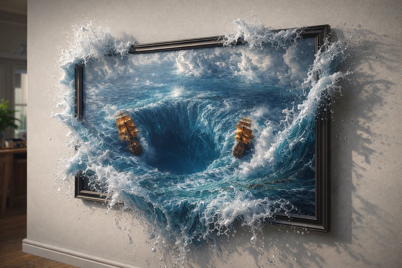3D wall art of a crashing ocean wave breaking through a framed picture with ships