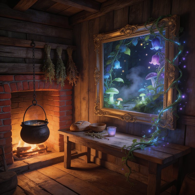 Cozy rustic room featuring a glowing magical garden painting above a wooden bench by a lit fireplace.