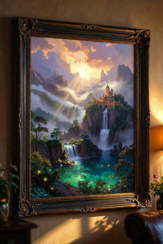 Ornate framed landscape painting of mountains, a castle on a cliff, a waterfall, and a glowing tu...