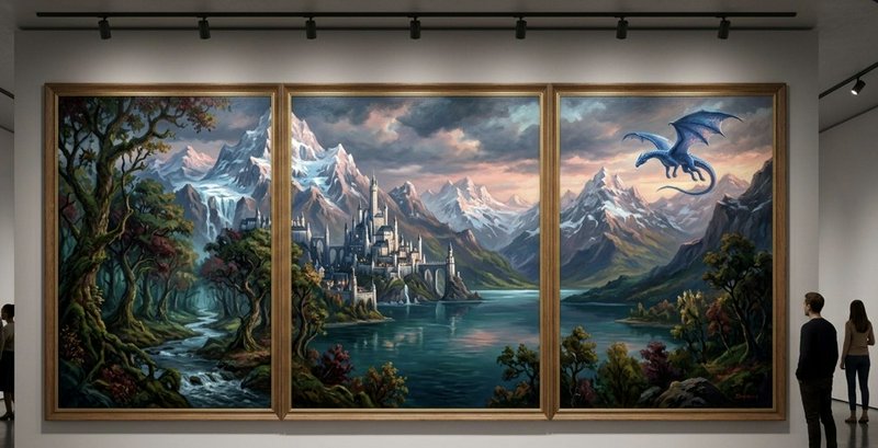 Triptych fantasy landscape painting with a castle by a lake and a dragon flying above.