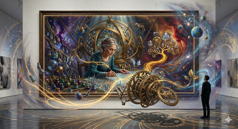 Astral-mechanical artwork of an elderly woman at a drafting table, cosmic gears spiraling.