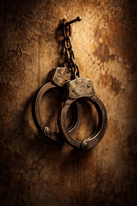 Rusty metal handcuffs hanging on a chain against a cracked, aged wall.