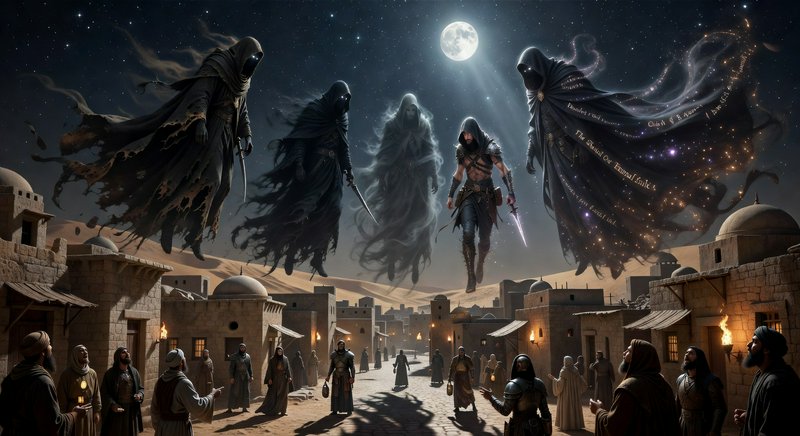 Five hooded spectral figures float above a desert town under a full moon.