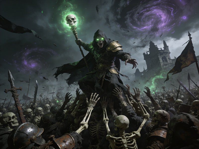 Dark hooded necromancer on a throne-like rise, wielding a glowing green skull staff above an army...