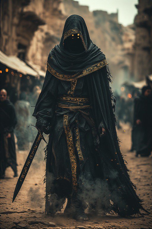 Hooded dark warrior in a tattered black cloak with gold trim, wielding a long sword in a dusty me...