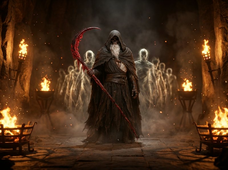 Grim reaper in a tattered cloak with a red scythe, torch-lit dungeon with ghostly apparitions.