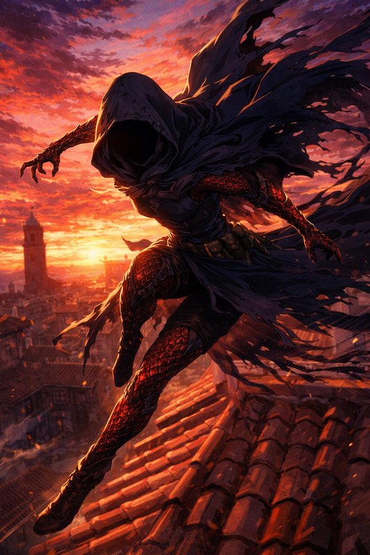 Hooded assassin leaping across a tiled rooftop at sunset, cloak billowing behind.