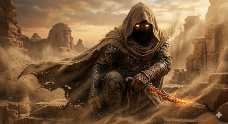 Hooded armored warrior with glowing eyes kneels in desert ruins, wielding a fiery dagger.