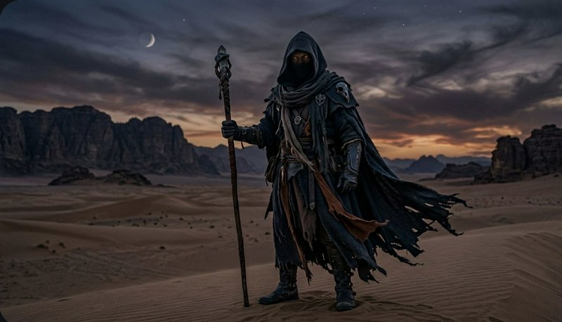 Hooded desert wanderer with a staff in a dramatic dusk landscape.
