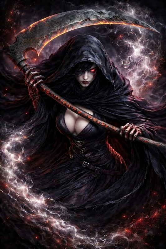 Dark hooded female figure with a fiery, curved scythe and red eyes in a smoky, magical battle scene.