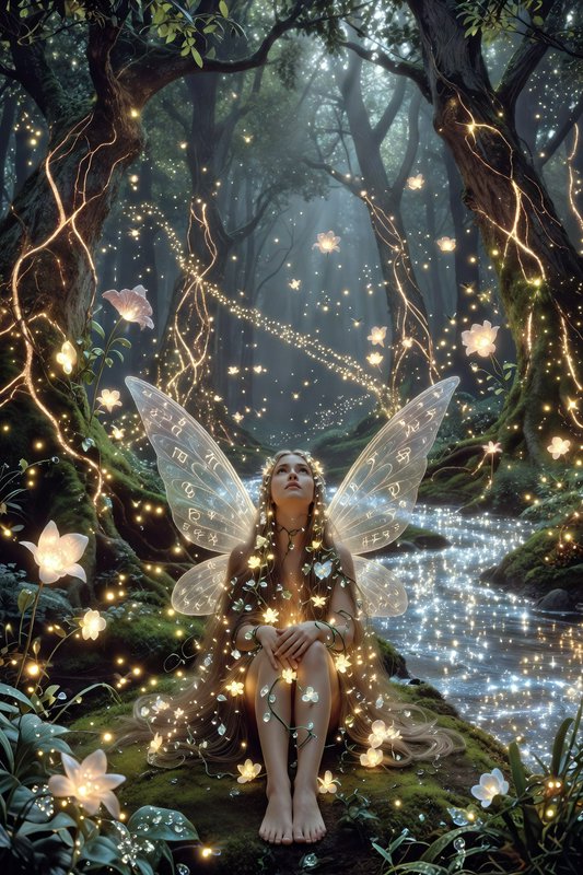 Fantasy fairy with translucent wings sitting in a glowing forest river surrounded by sparkles and...
