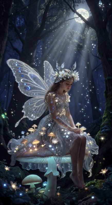 Ethereal fairy sitting on a glowing mushroom in a moonlit forest with glowing wings and a flower ...