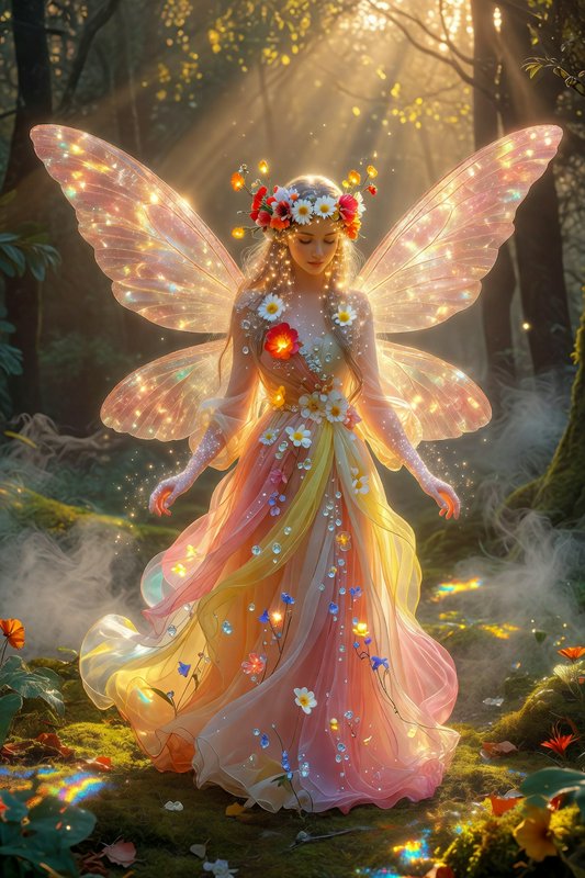 Fairy with glowing pink wings in a floral pastel gown in a sunlit forest.