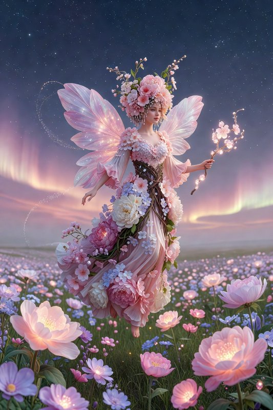 Fairy-like floral goddess with pink wings in a luminous flower field under aurora