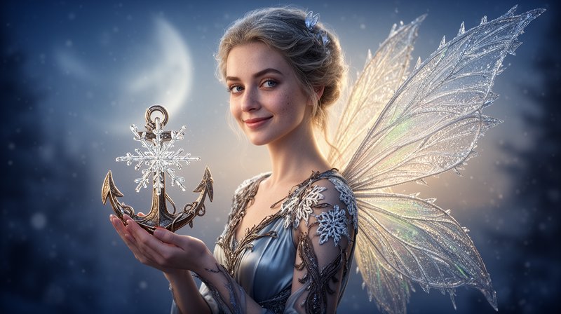Fairy with iridescent wings holding a crystal snowflake on a moonlit night.