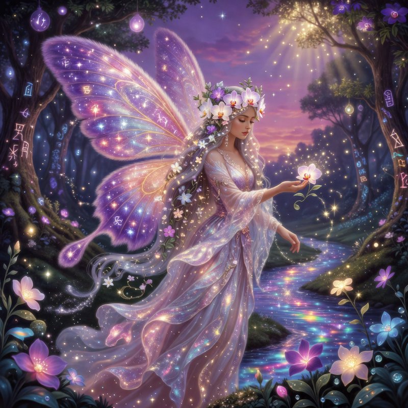 Luminescent butterfly-winged fairy in a moonlit forest with flowers