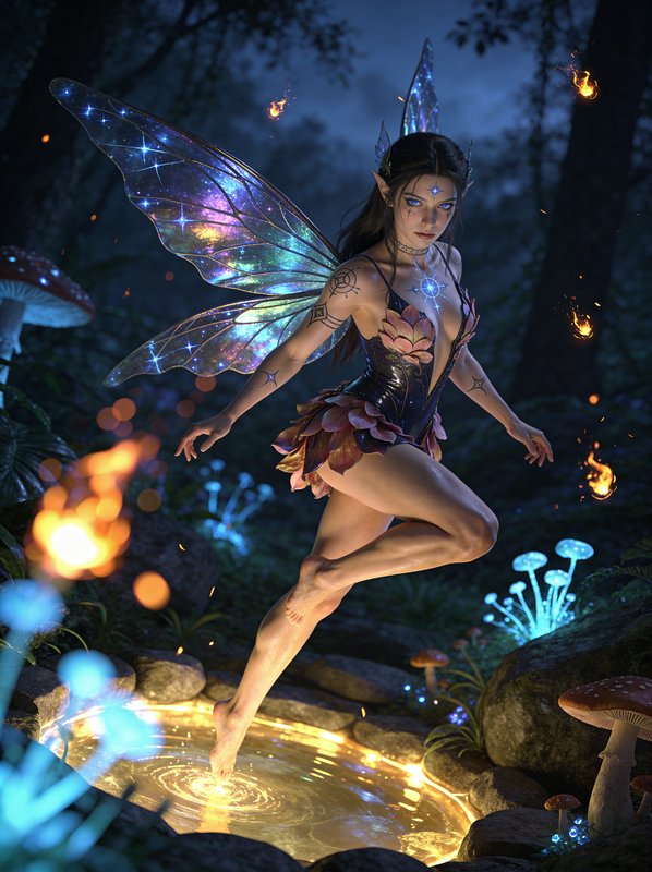 Fantasy fairy with iridescent butterfly wings leaps over a glowing pool in a moonlit forest.