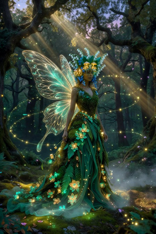 Fantasy fairy with emerald gown and glowing butterfly wings in a moonlit forest.