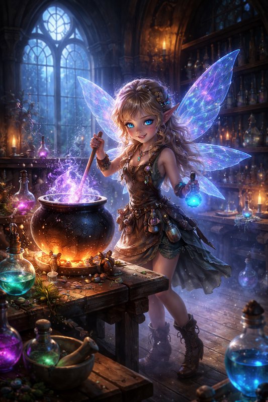 Colorful fairy with glowing wings stirring a potion in a magical alchemy workshop.