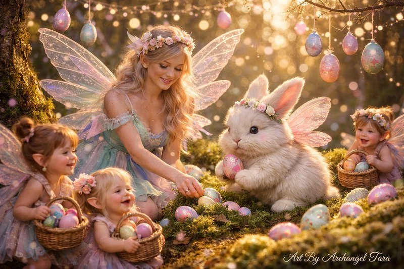 Fairy-tale scene with a pastel-winged fairy, children, and a fluffy bunny in a mossy garden with colorful Easter eggs.