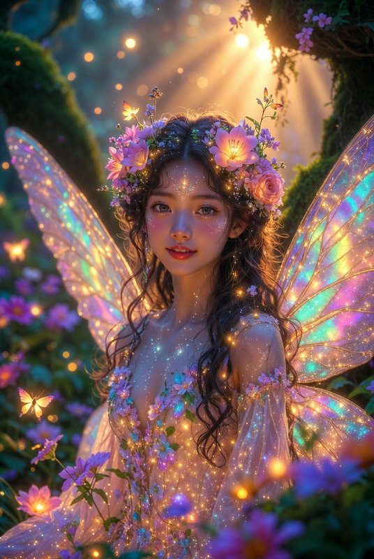 Fairy-like woman with a flower crown and iridescent wings among blooming flowers bathed in golden...