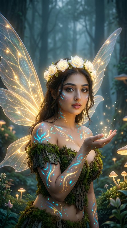 Fantasy fairy with glowing translucent wings, flower crown, and moss outfit in a misty forest.