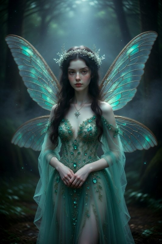 Ethereal turquoise-winged fairy in a forest, wearing a teal embellished gown and floral crown.