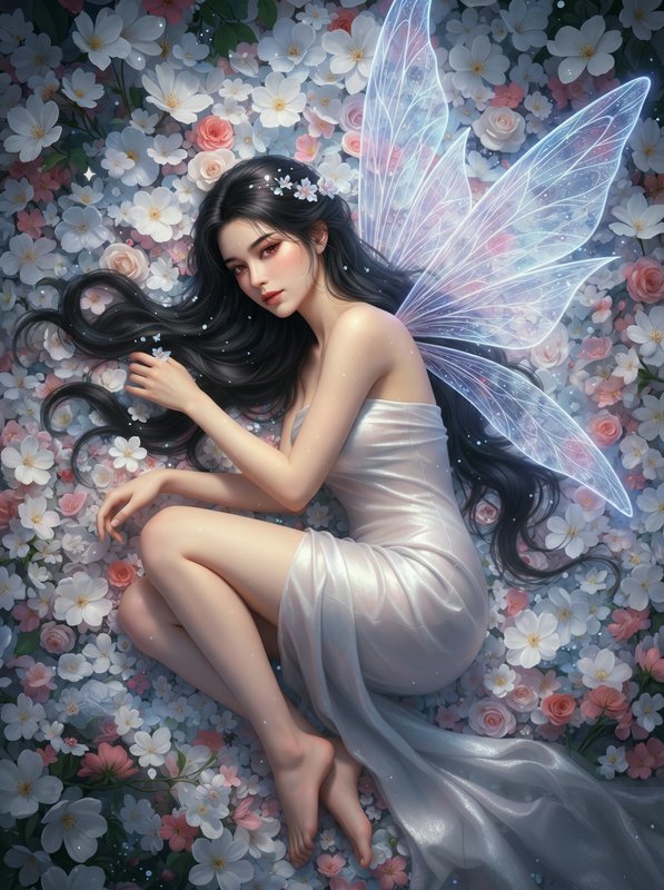 Fantasy illustration of a sleeping fairy with translucent wings among a bed of roses and daisies.