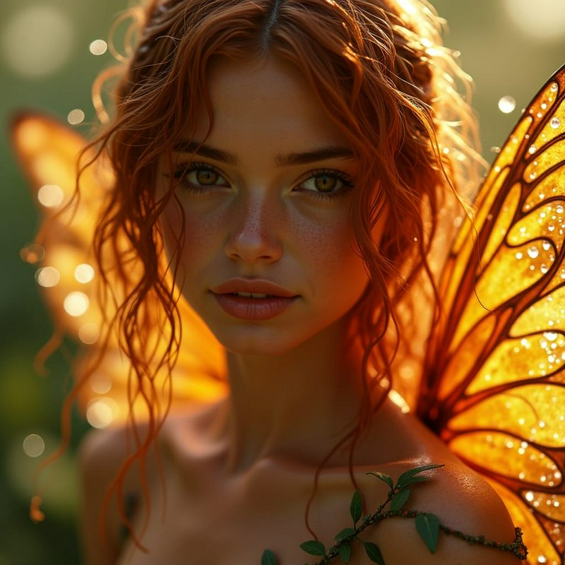 Fairy with orange butterfly wings bathed in warm backlit glow.
