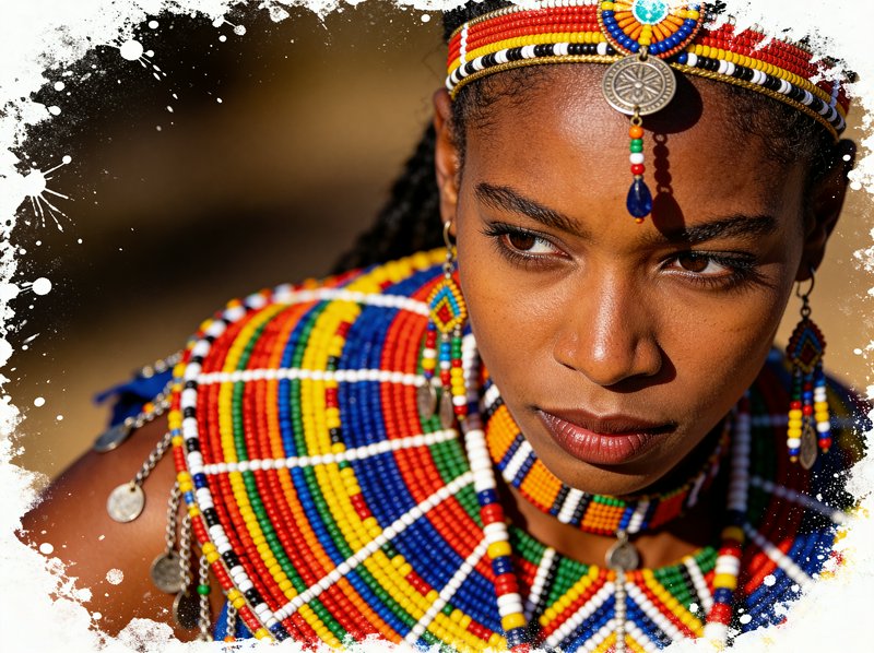 African woman in vibrant beaded jewelry and headdress, close-up portrait.