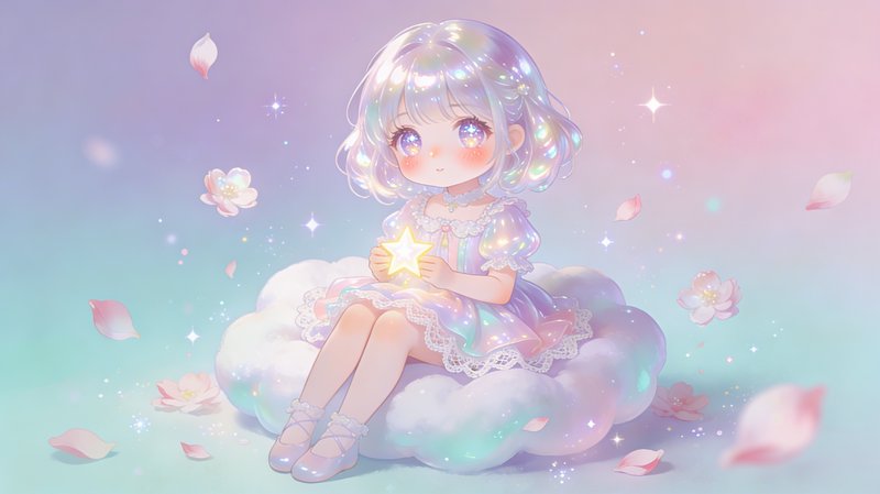 Cute pastel anime girl sitting on a cloud, holding a glowing star amid petals and sparkles.