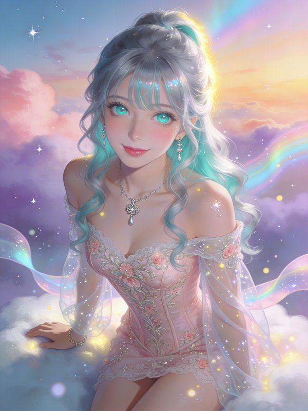 Anime-inspired woman with turquoise hair in a pink embroidered dress amid pastel clouds and a rainbow.