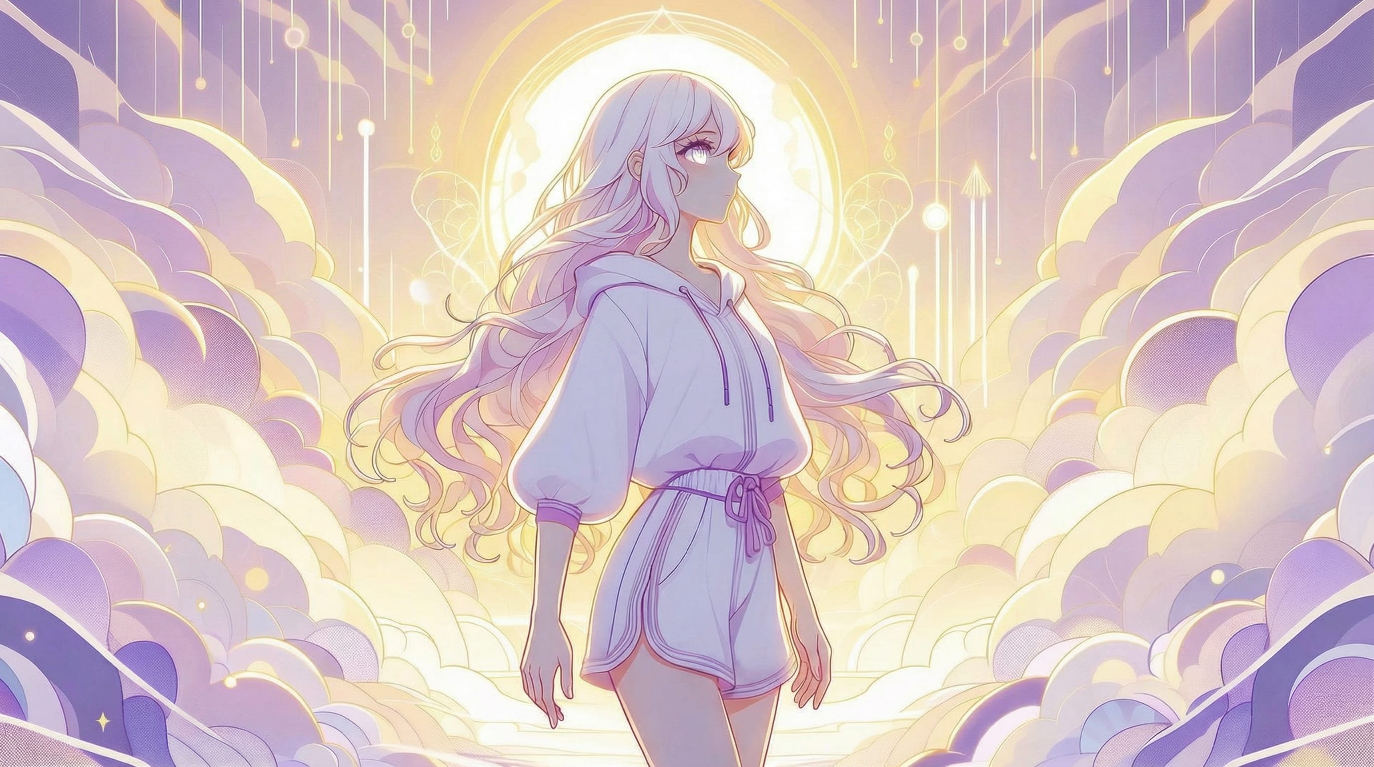 Anime-style woman with long flowing hair in a hoodie and shorts, standing among pastel clouds under a glowing sun.