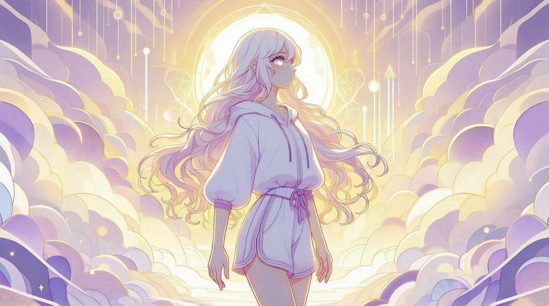 Anime-style woman with long flowing hair in a hoodie and shorts, standing among pastel clouds under a glowing sun.