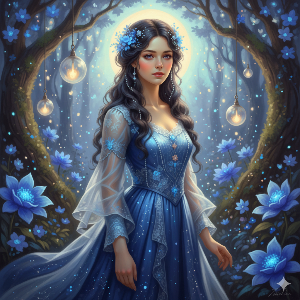 Enchanting woman in a blue gown with floral headpiece in a glowing forest scene.
