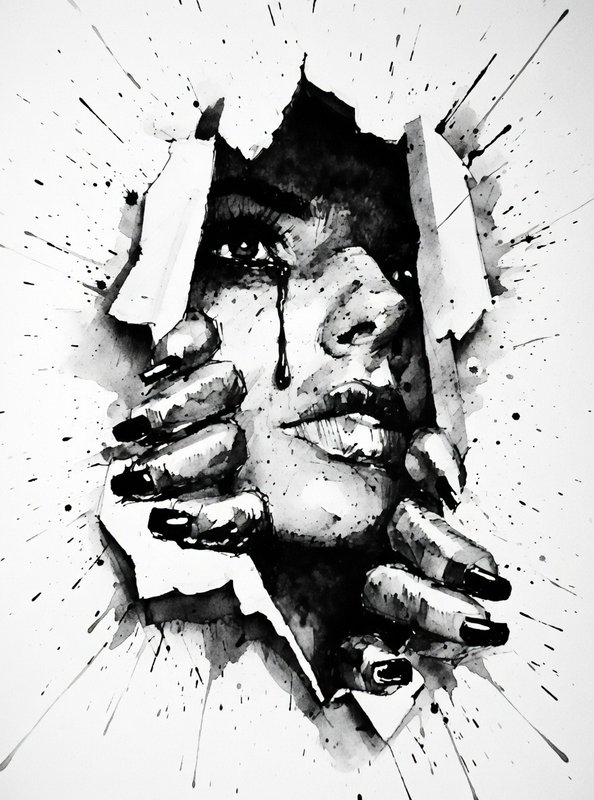 Black-and-white watercolor illustration of a woman's face breaking through torn paper with ink sp...