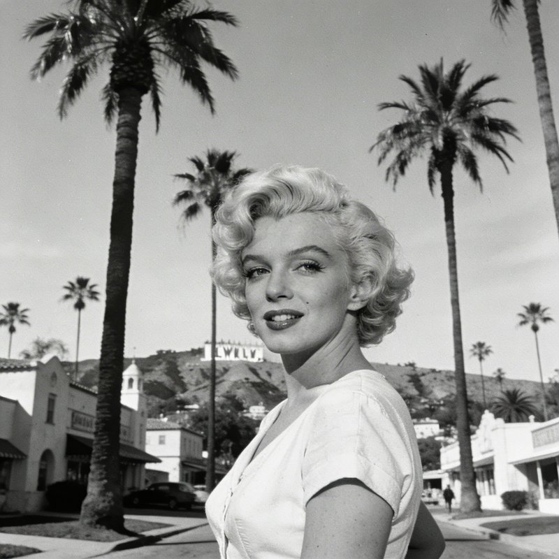 Marilyn Monroe portrait on a palm-lined street in a classic black-and-white photograph.