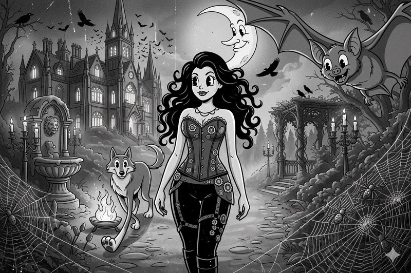 Gothic fantasy scene of a woman in a corset walking a moonlit cobblestone path with a wolf, bats, and spider webs.