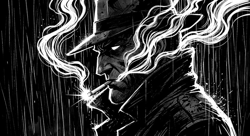 Black-and-white noir illustration of a trench-coat detective in a fedora smoking a cigarette in heavy rain.