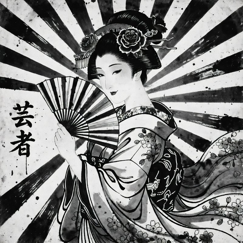 Black-and-white illustration of a Geisha holding a fan with a floral kimono.