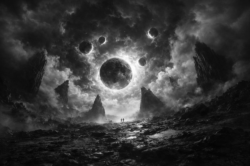 Dark alien landscape with jagged rocks and multiple planets looming in a cloudy sky.