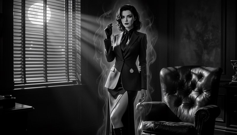 Woman in a tailored black suit smoking a cigarette in a dark, moody office with a leather chair.