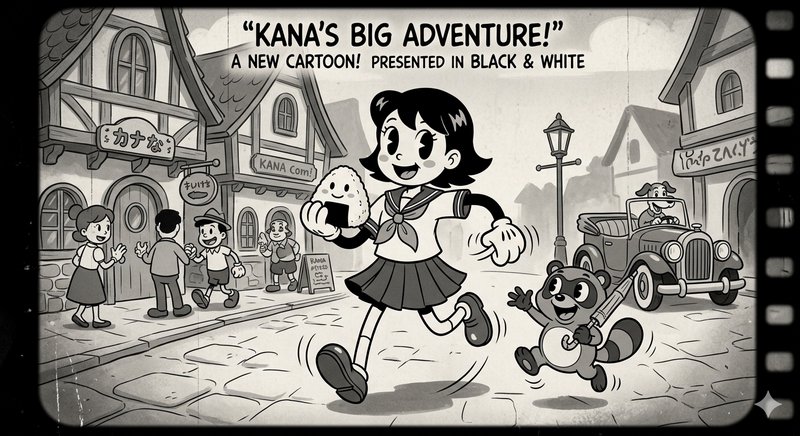 Black-and-white cartoon of a girl running with a raccoon-like friend through a village street, ho...